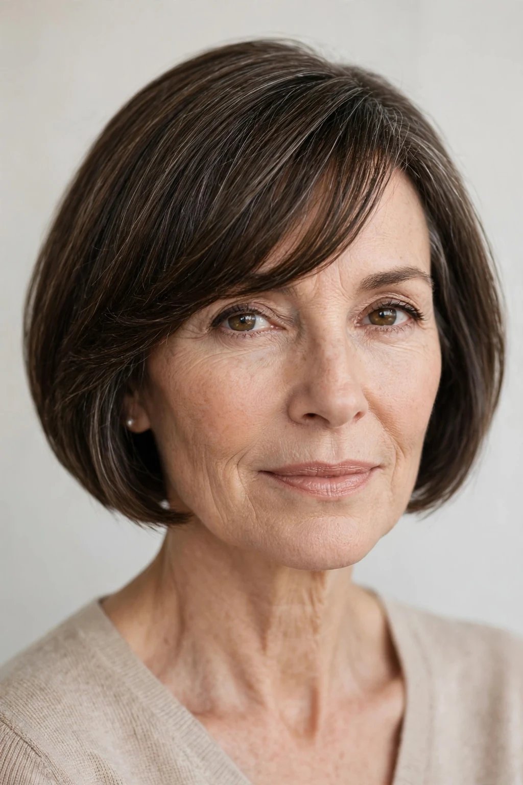 Elegant woman over 50 with short bob with side-swept bangs, graceful diagonal fringe, chic light.