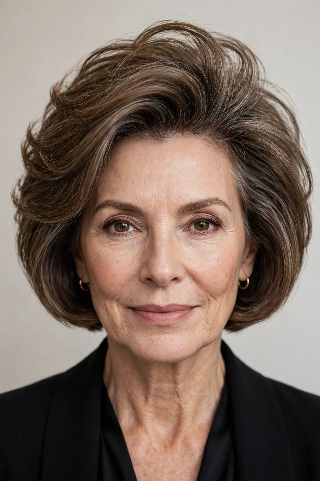 Elegant woman over 50 with short bob with volume crown, lifted bouncy top, glamorous light.