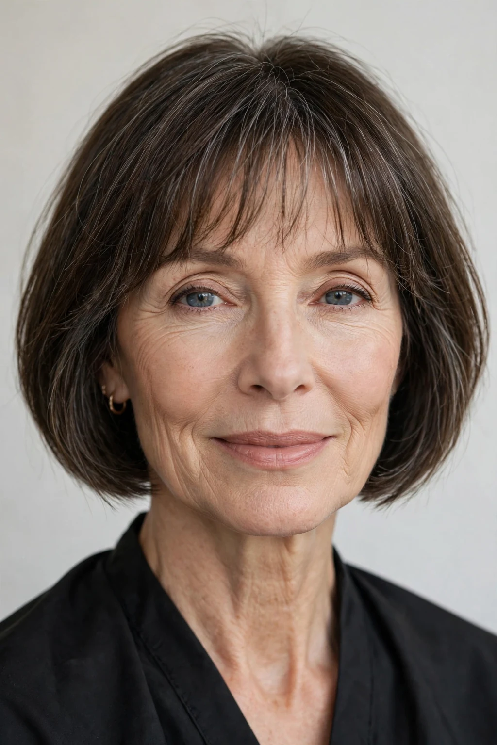 Elegant woman over 50 with short bob with wispy fringe, delicate airy bangs, gentle light.