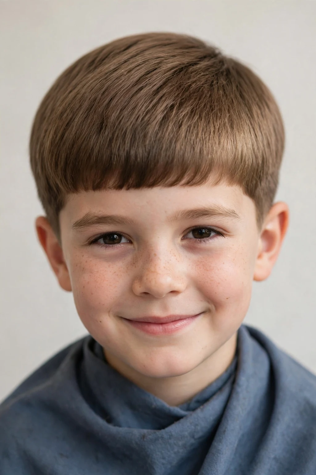 Young boy with short bowl cut, modern rounded shape, cute soft light.