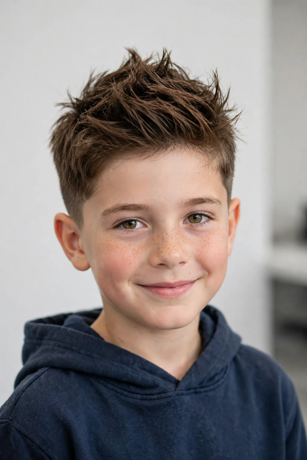 Young boy with short brush up cut, lifted textured top, modern light.