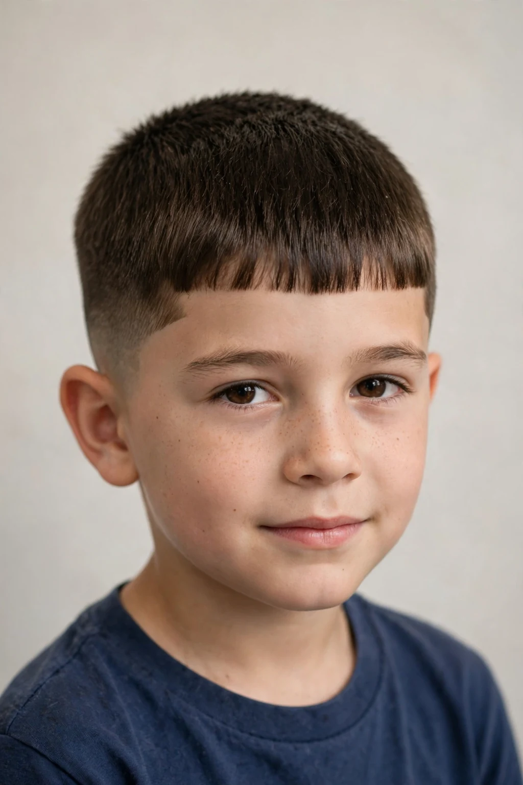 Young boy with short caesar cut, straight fringe with short sides, classic light.