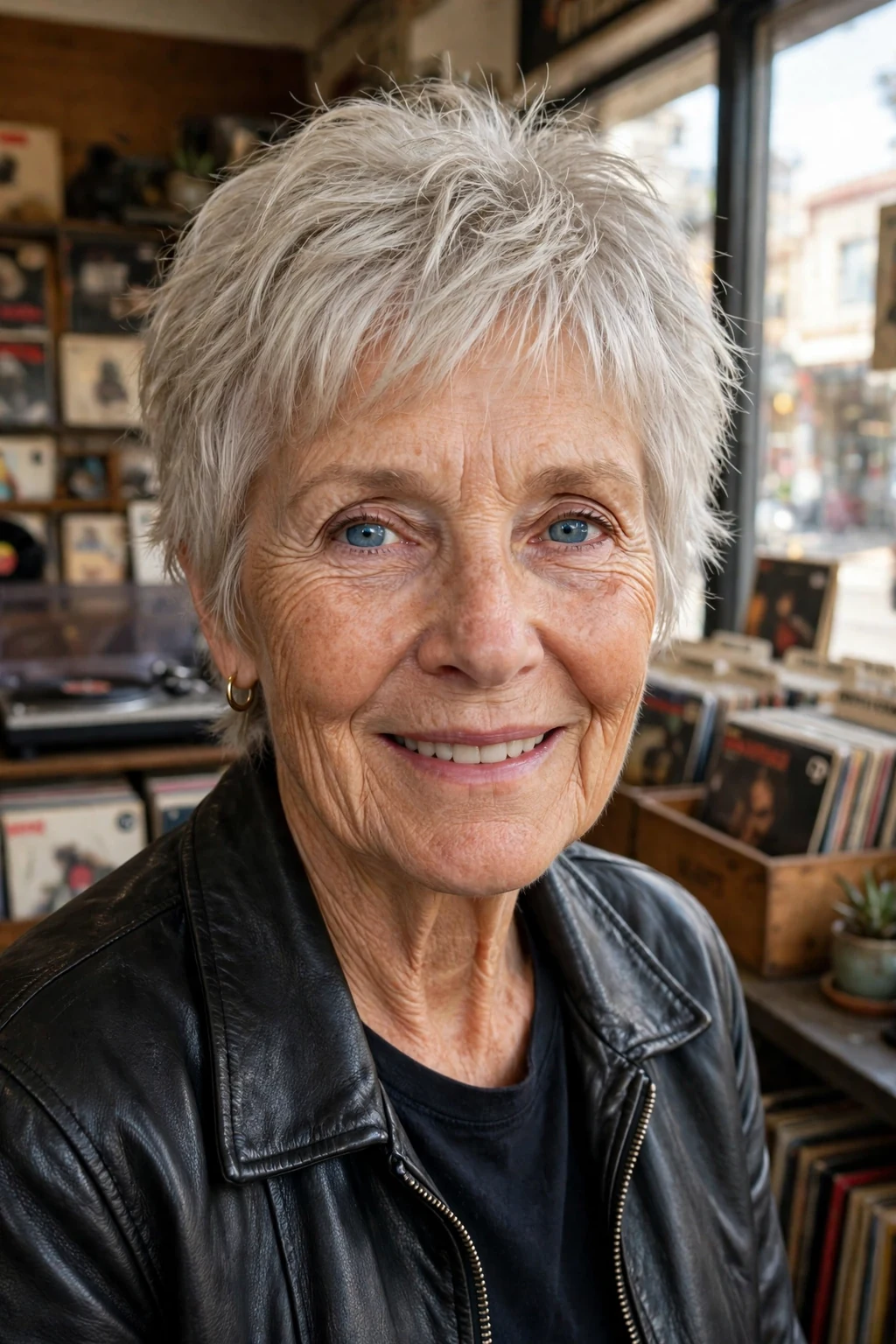 Mature woman with a short choppy shag short haircut for fine hair, styled with soft volume.