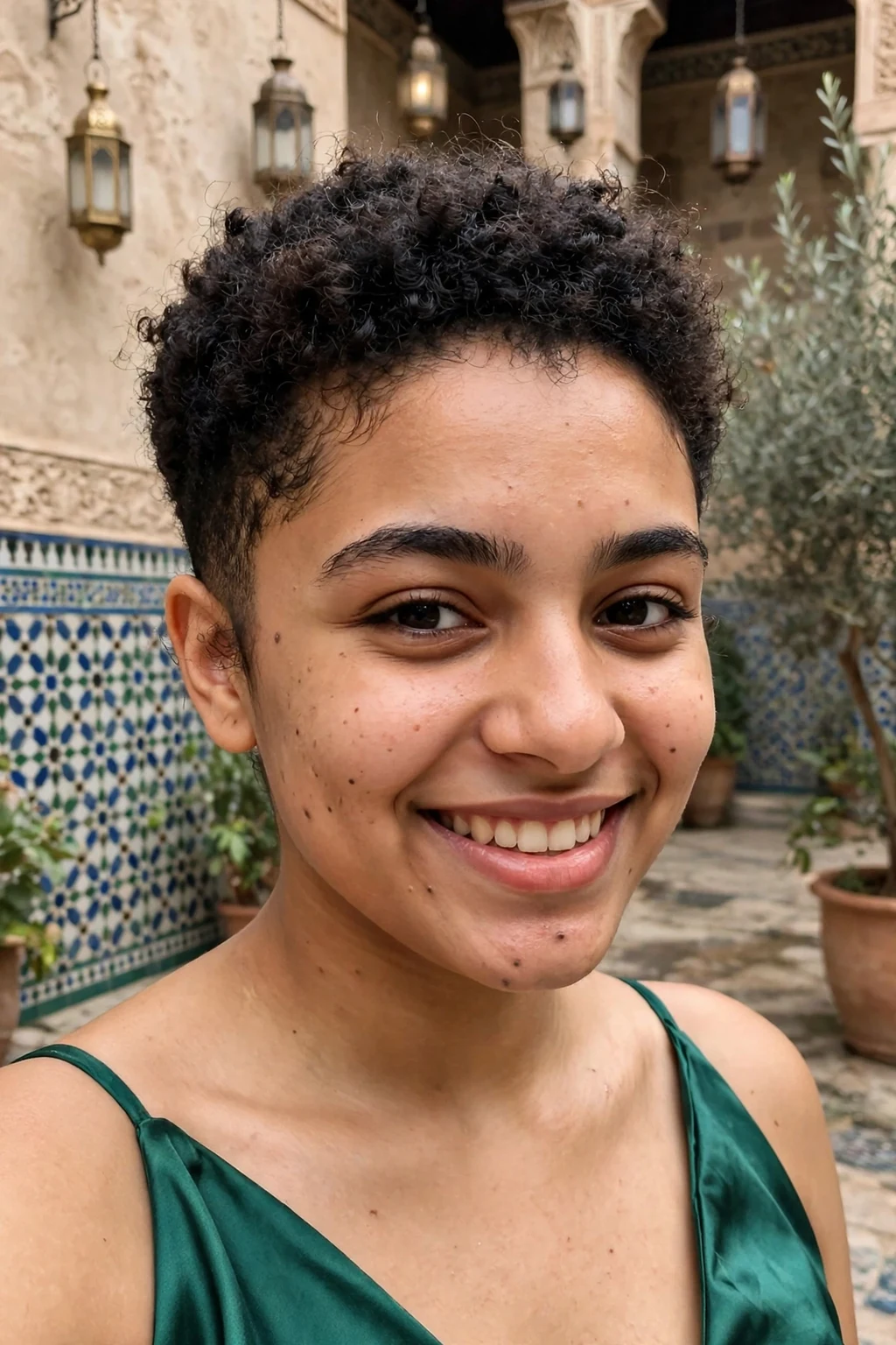 Young woman aged 18 to 20 with short coiled afro taper hairstyle for prom, a historic courtyard with lanterns.