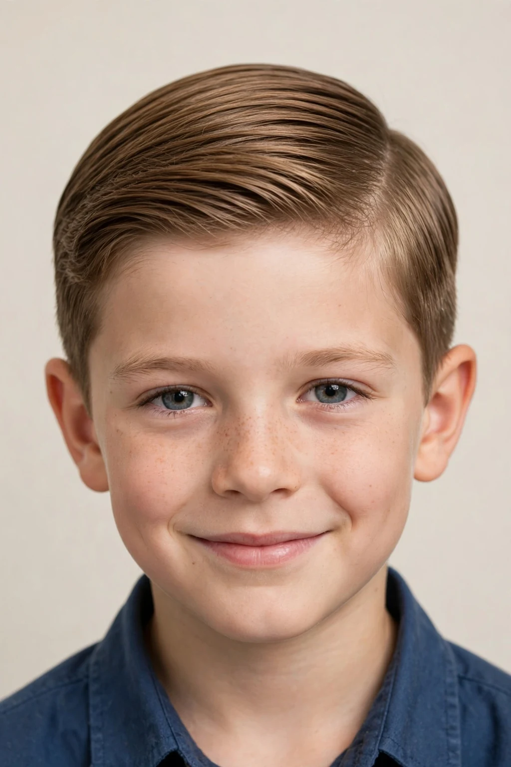 Young boy with short comb over, neat swept style, classic polished light.
