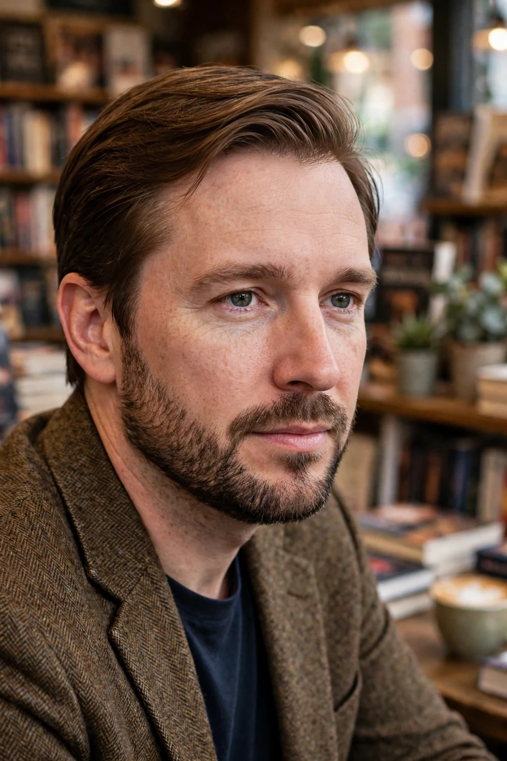 A man with a short comb over wearing a tweed jacket in a bookstore cafe.