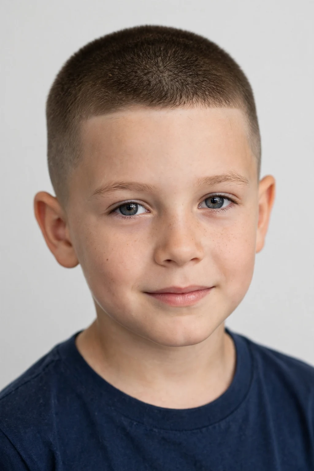 Young boy with short crew cut, neat military-inspired cut, clean bright light.
