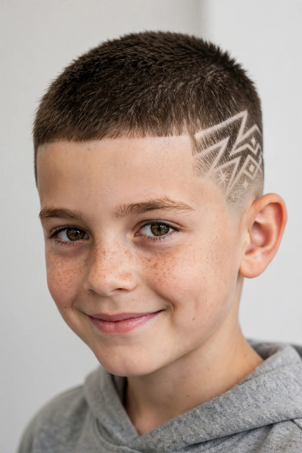 Young boy with short crop and hair design, cool shaved pattern detail, creative light.
