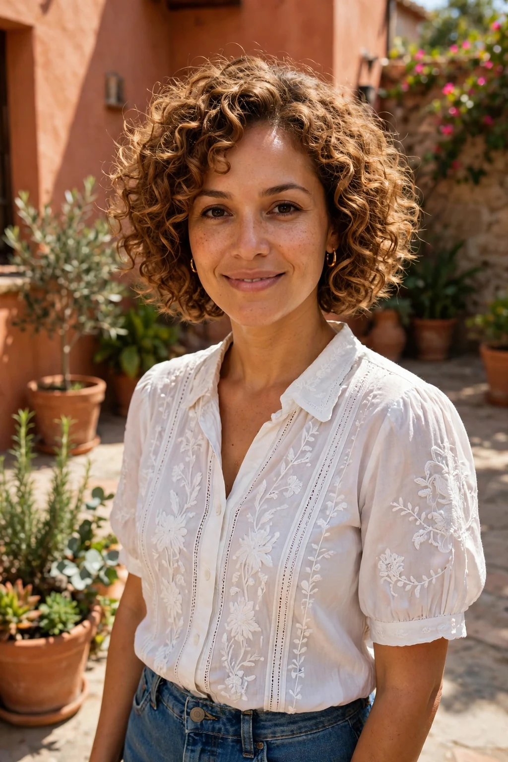 Young woman with a short curly bob, bouncy curls at chin length, in a sunny courtyard.