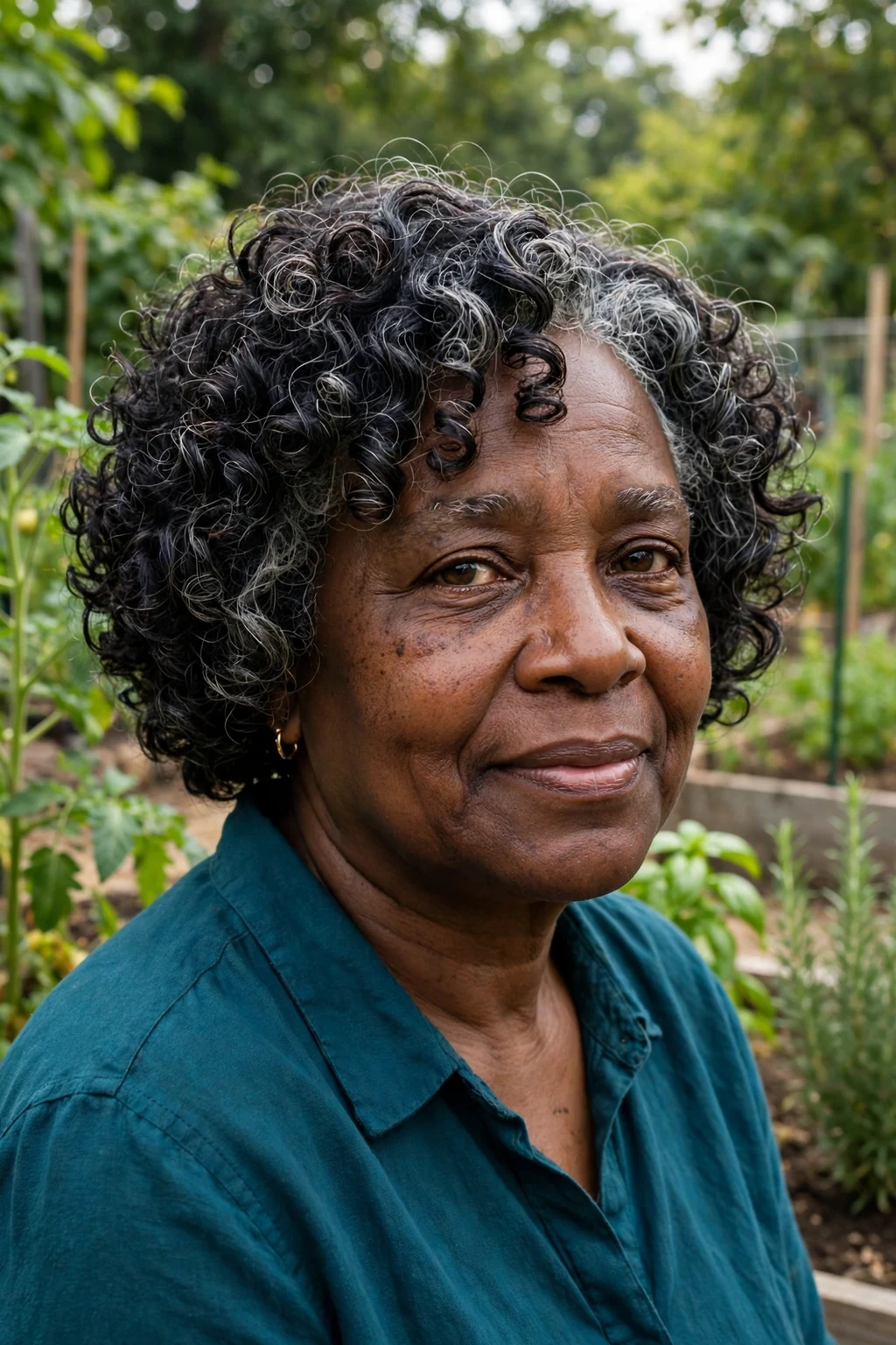 A woman in her mid-60s with a short curly bob and silver-streaked dark curls, smiling softly in a garden.