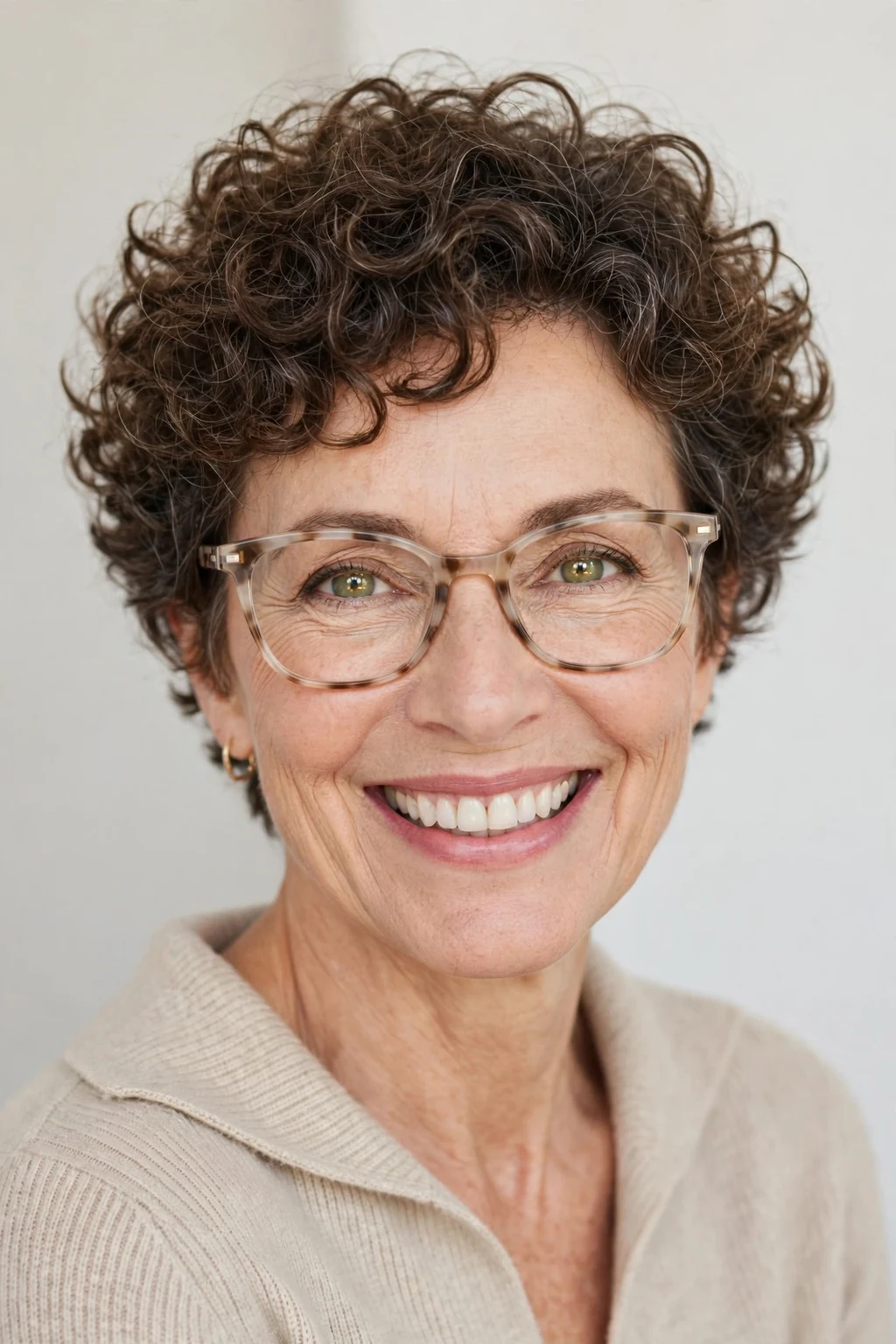 Elegant woman over 50 with glasses and short curly crop, bouncy joyful curls, bright light.