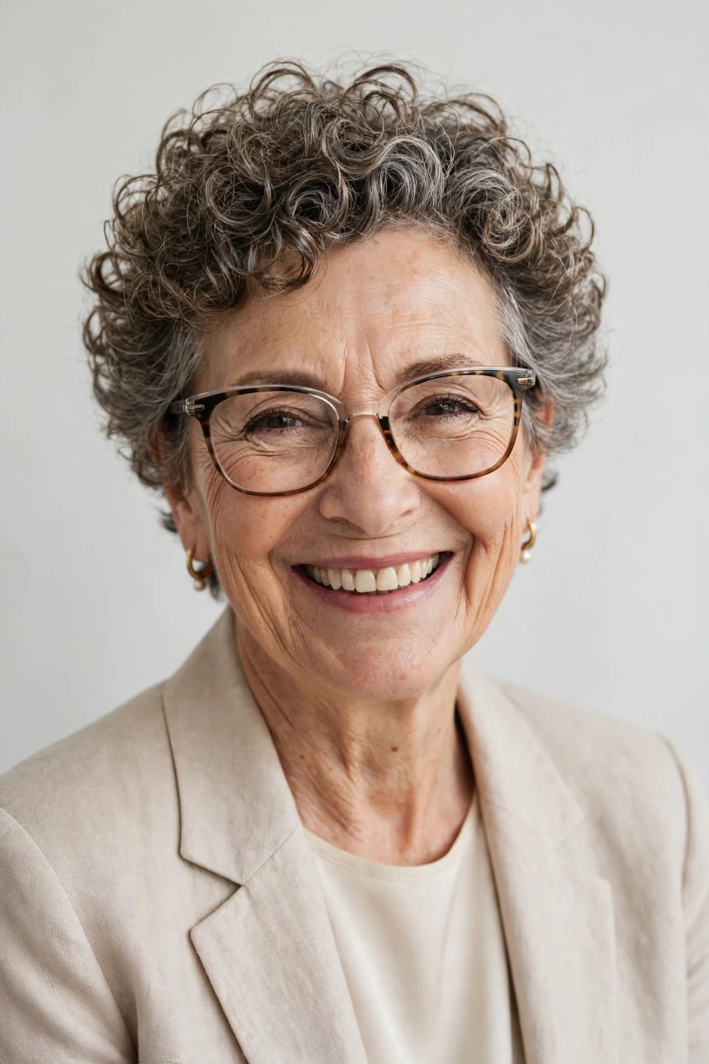 Elegant woman over 60 with glasses and short curly crop, bouncy joyful curls, bright light.