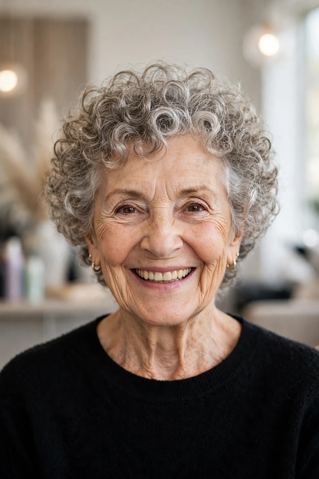 Elegant woman over 70 with short curly crop, bouncy joyful curls, bright light.