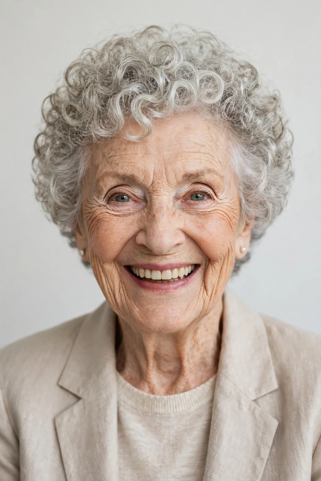 Elegant woman over 80 with short curly crop, bouncy joyful curls, bright light.