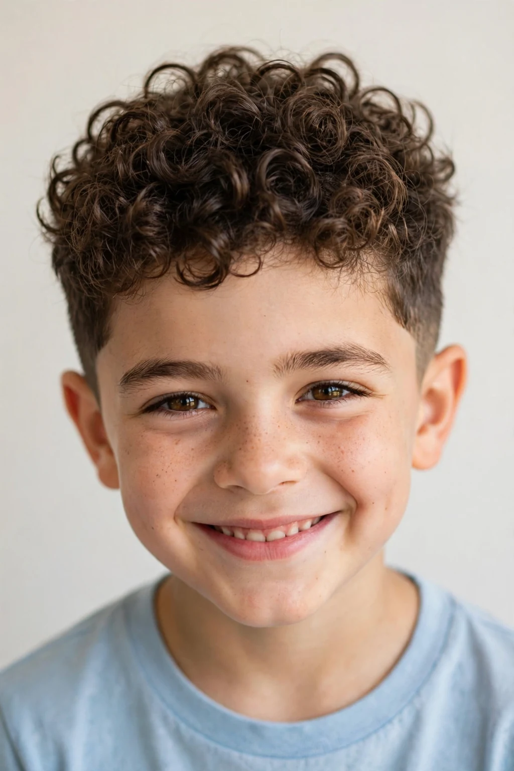 Young boy with short curly crop, bouncy defined curls, joyful bright light.