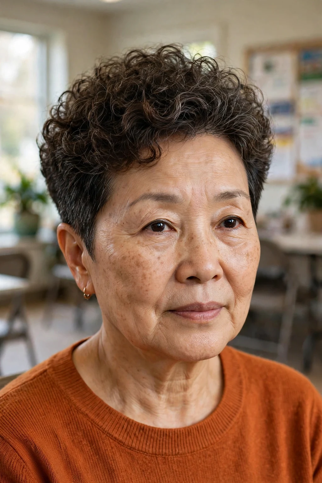 A woman in her mid-60s with a short curly taper in black-and-silver curls, wearing a burnt-orange top in a community center.