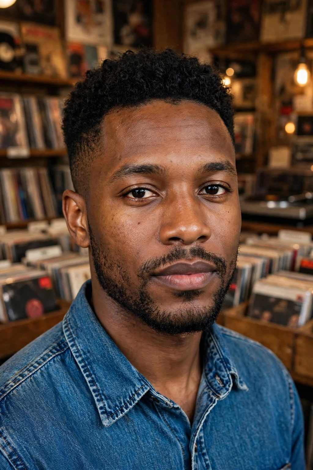 A man with a short curly top and fade wearing a denim shirt in a record store.