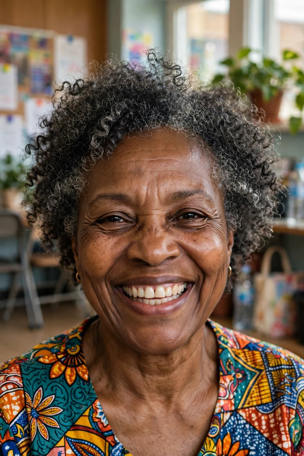 Beautiful older woman with short curly wash-and-wear, bouncy natural curls, vibrant light.