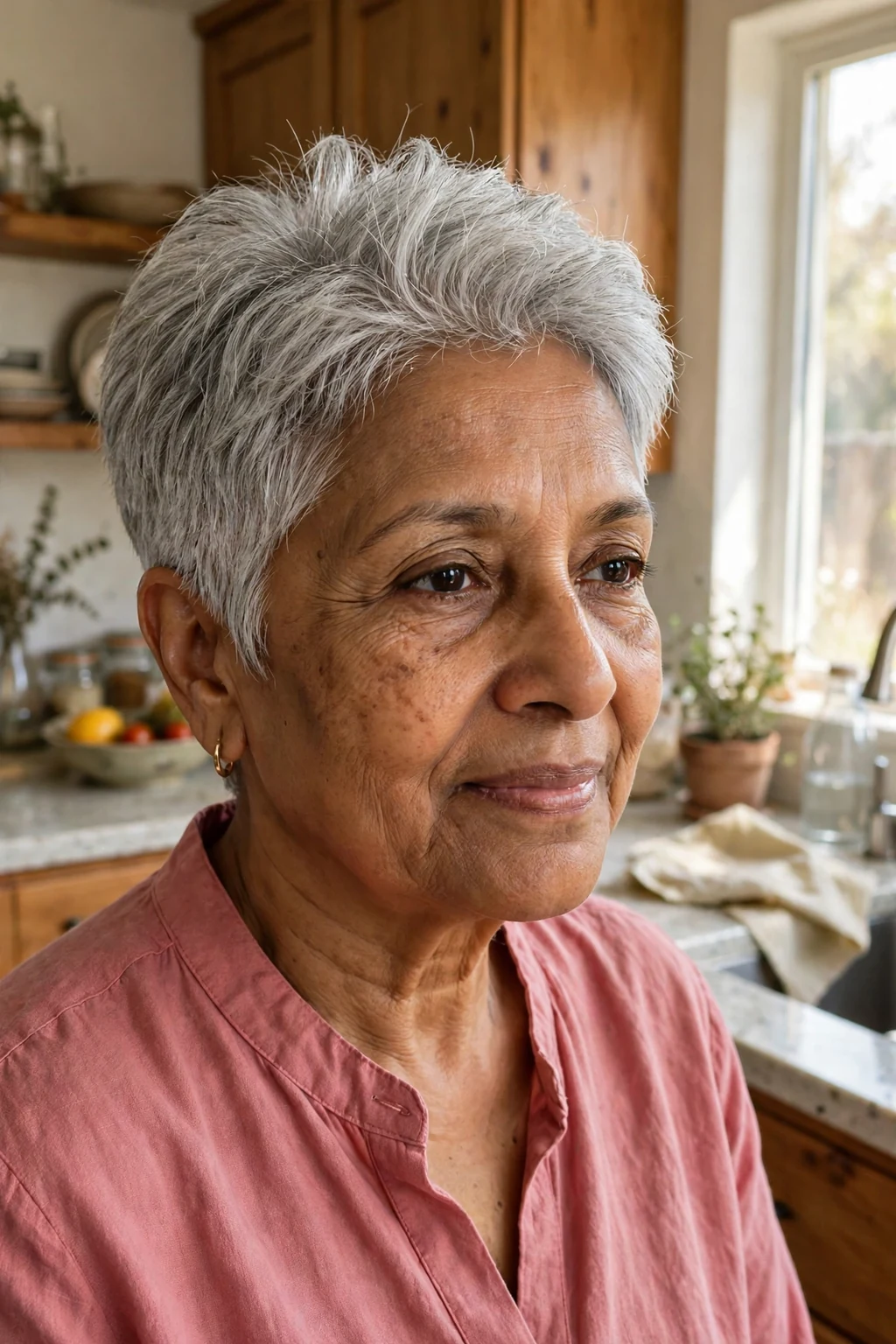 An older woman with a short cut for fine hair, wearing a rose-colored blouse in a sunlit kitchen.