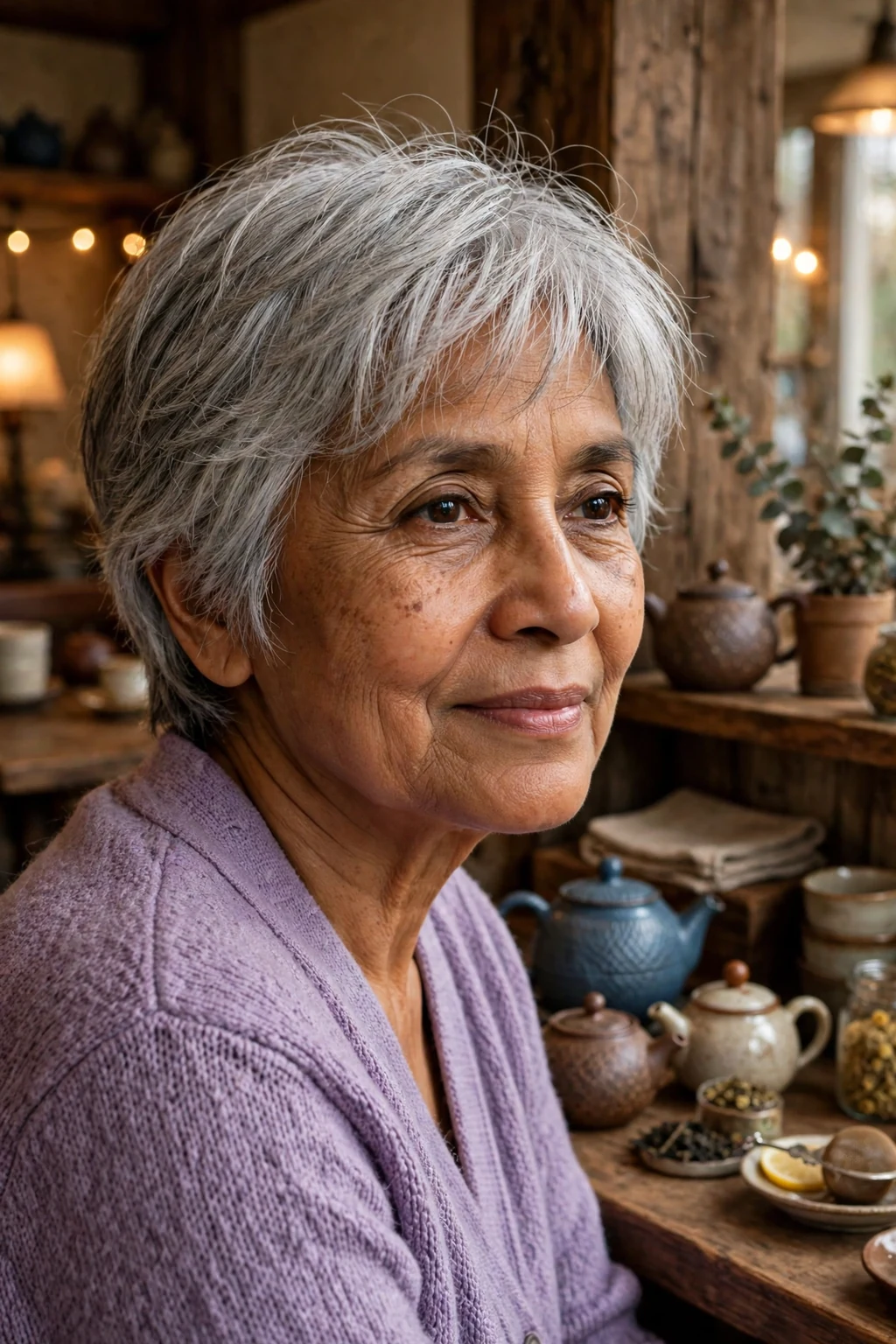 An older woman with a short cut with wispy bangs, wearing a lavender cardigan in a tea room.