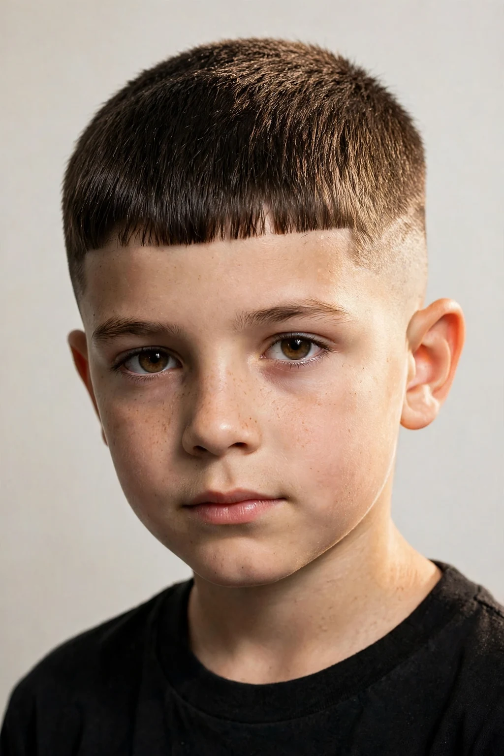 Young boy with short edgar crop, blunt mini fringe, bold trendy light.