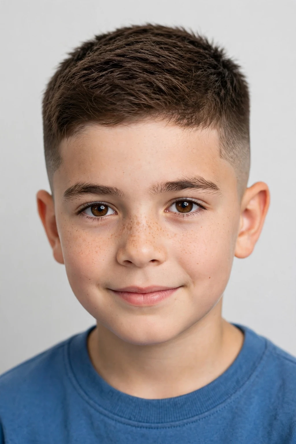 Young boy with short fade haircut, clean faded sides with short top, crisp light.