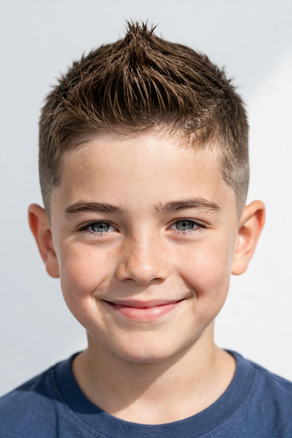 Young boy with short faux hawk, edgy raised center strip, bold light.