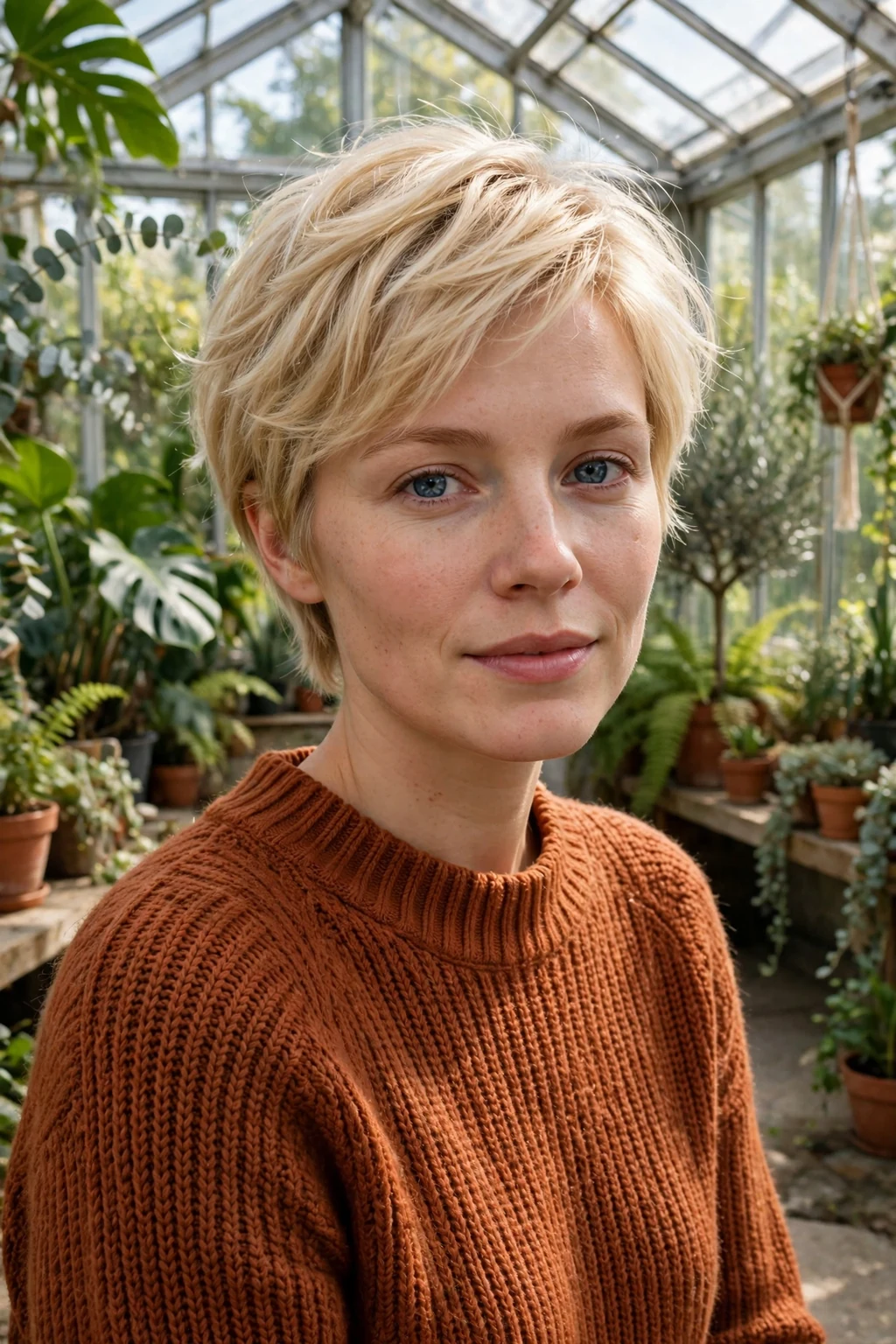 Young woman with a short feathered cut, wispy feathered layers, in a bright conservatory.