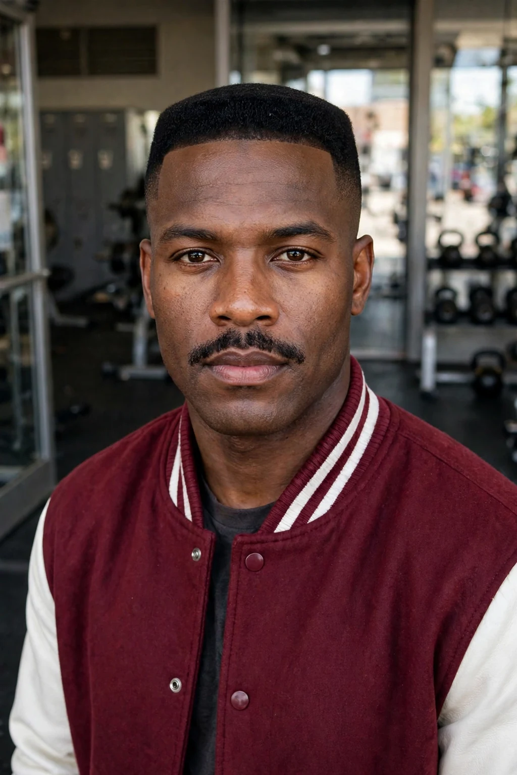 A man with a short flat top wearing a varsity jacket in a gym.