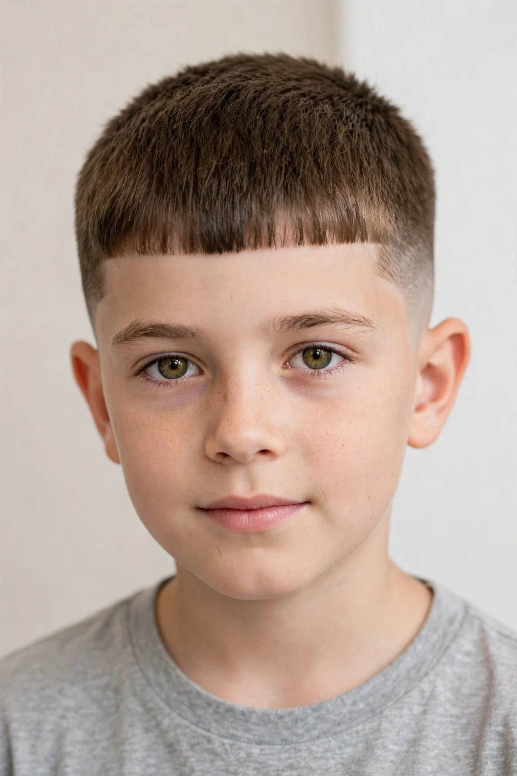 Young boy with short french crop, blunt fringe with faded sides, trendy light.