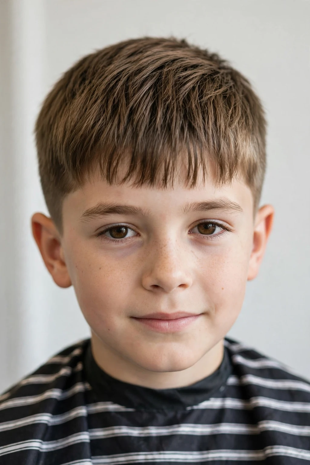 Young boy with short fringe cut, textured fringe with neat sides, soft light.