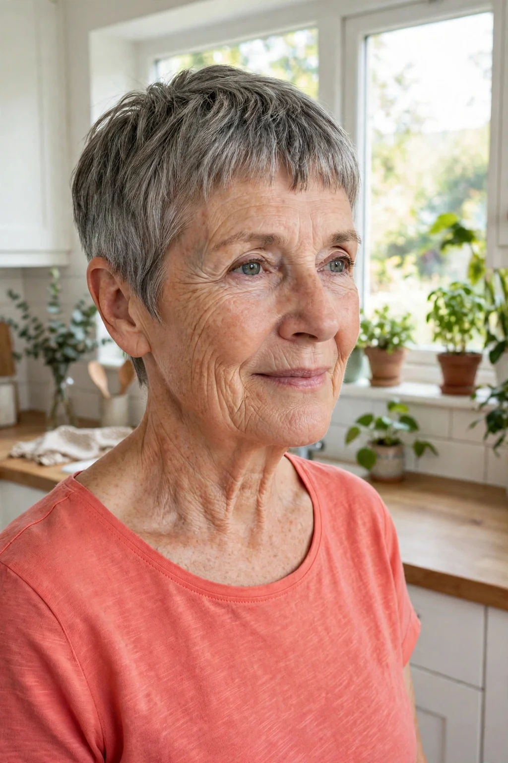 A woman in her mid 60s with a gray pixie cut and short fringe, wearing a coral top in a bright kitchen.