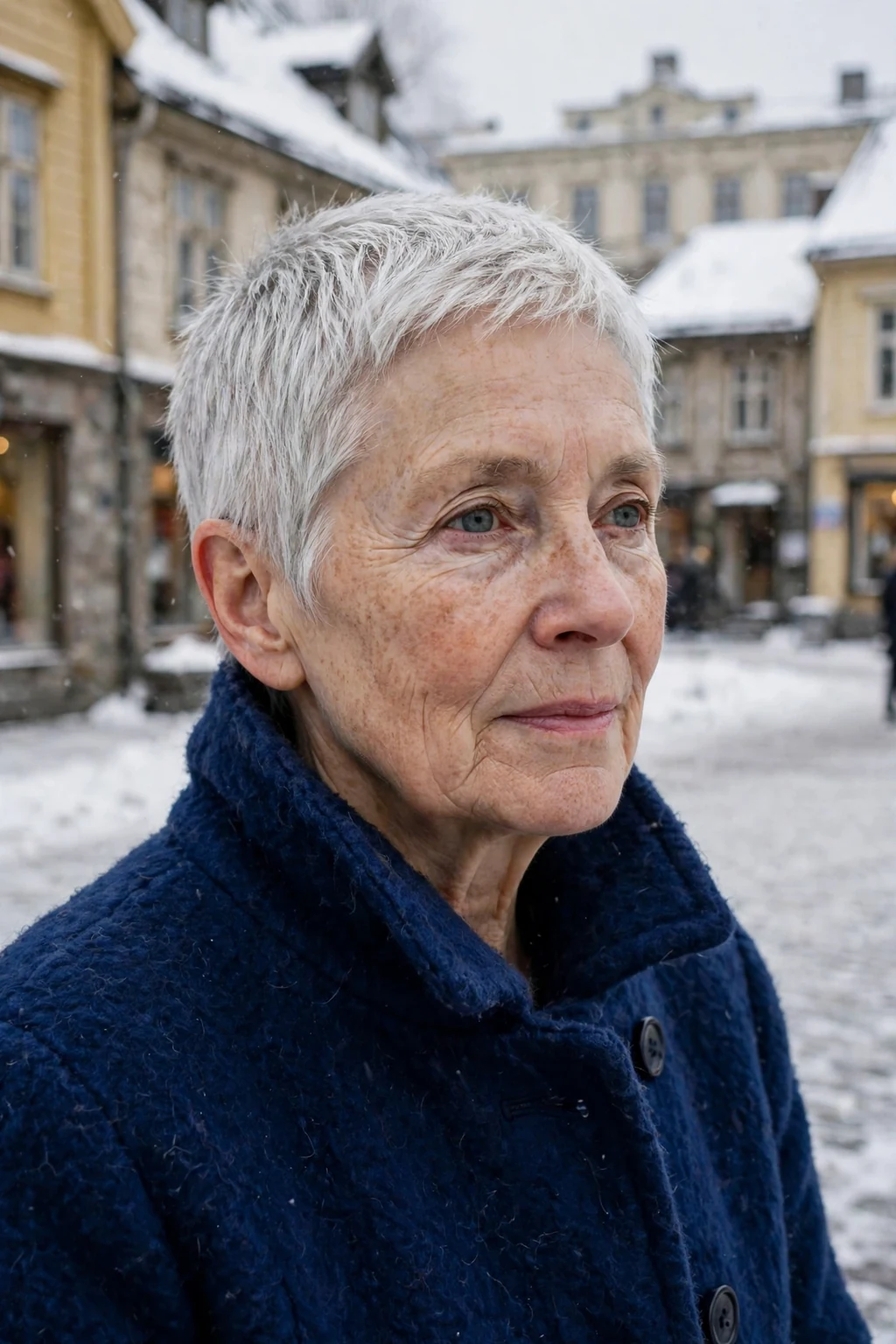 An older woman with a short gray crop, wearing a deep-blue coat in a snowy town square.