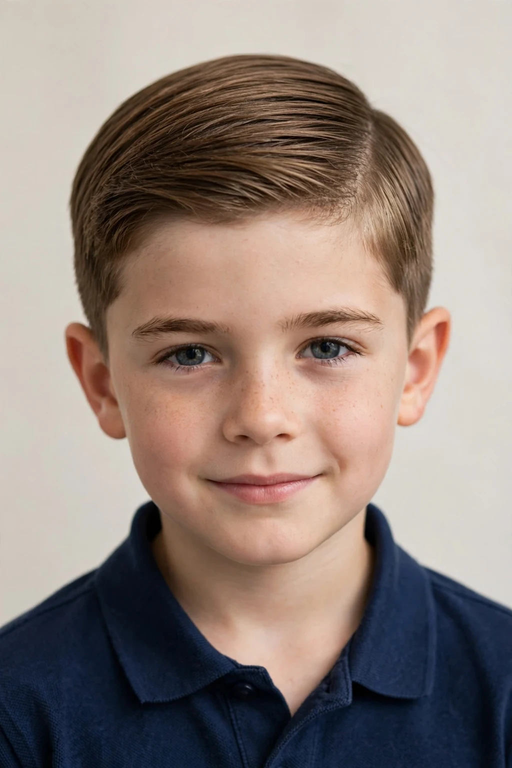 Young boy with short ivy league cut, preppy neat style, elegant light.