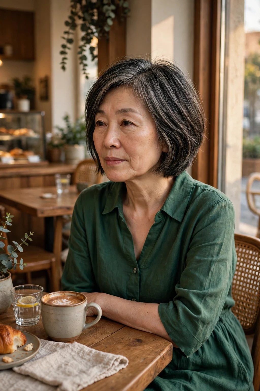 An older woman with a short layered bob, wearing a forest-green dress in a cafe.