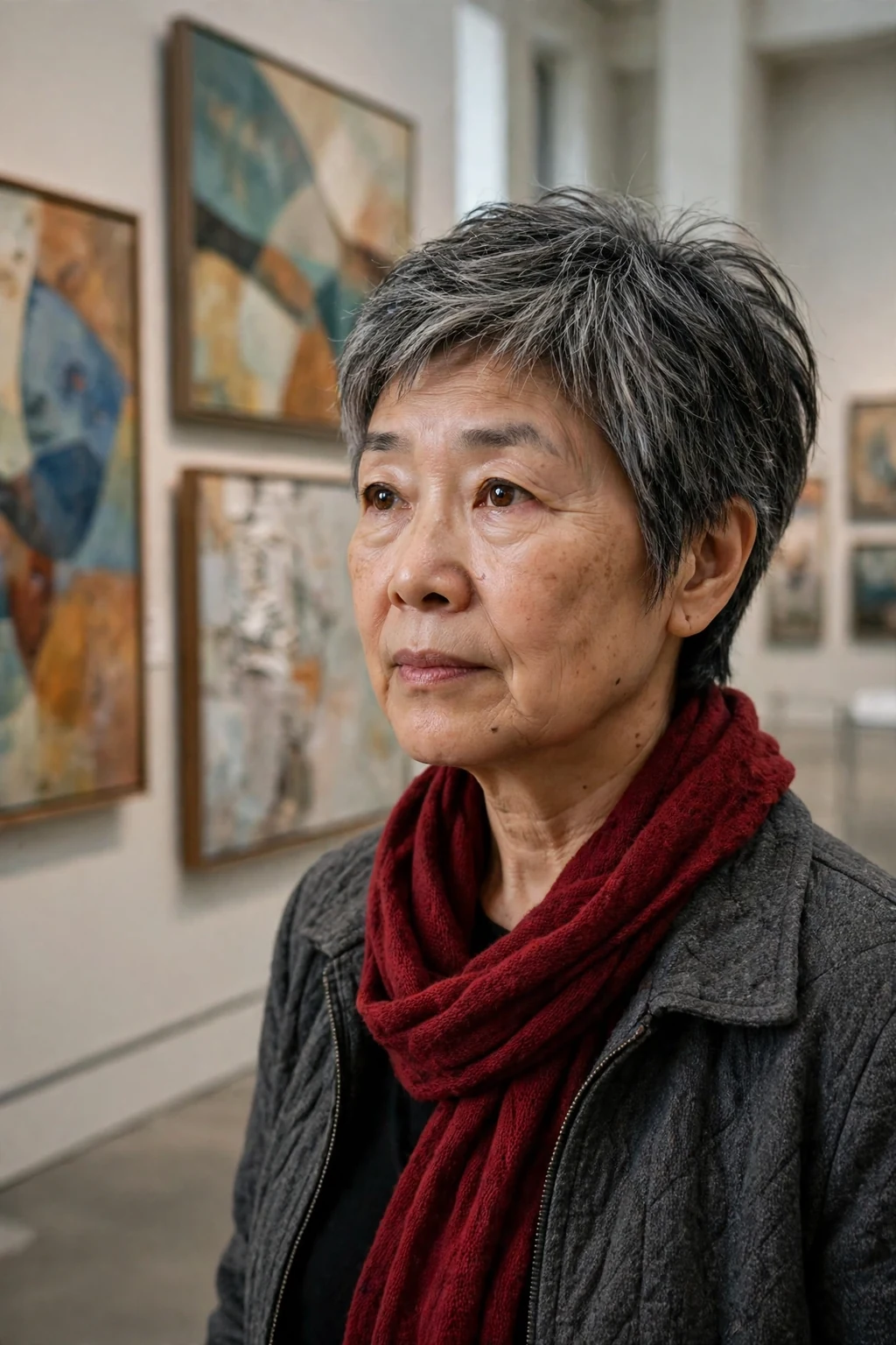 Mature East Asian woman in her mid-sixties with a short layered pixie haircut, wearing a charcoal jacket and red scarf in a museum.