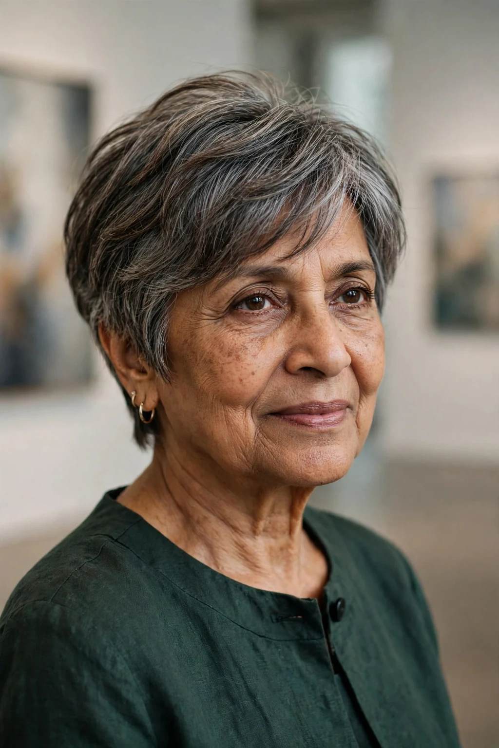 Beautiful older woman with short layers, chic short layers, modern light.
