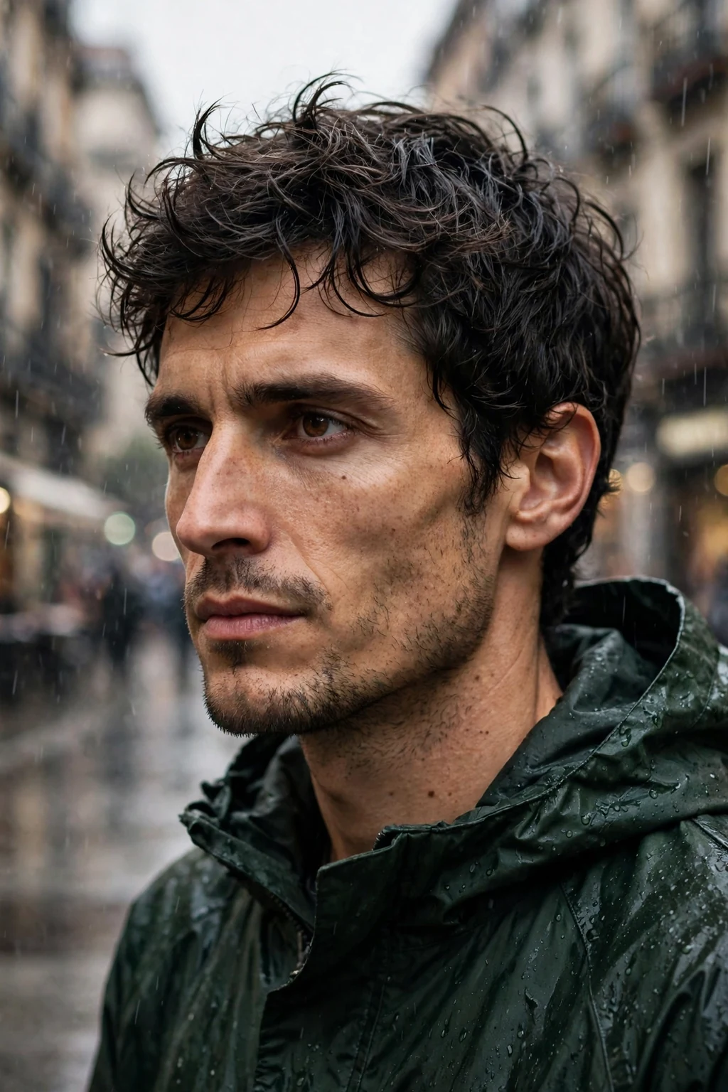 A man with a short messy crop wearing a dark green jacket on a rainy street.