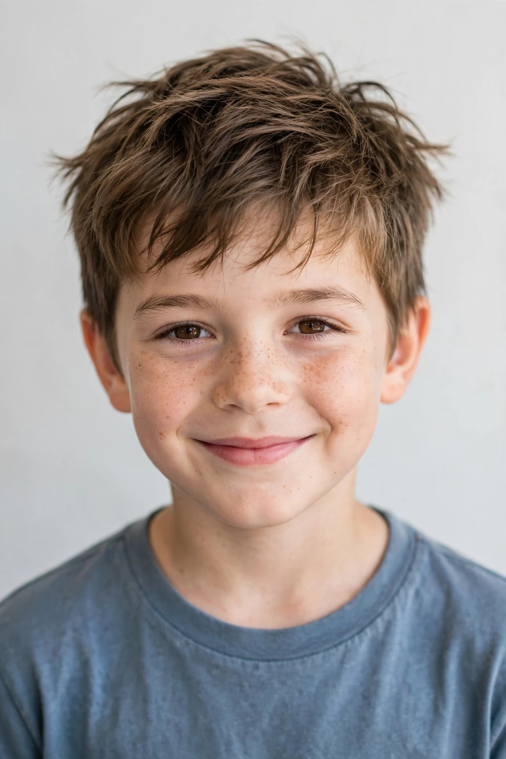 Young boy with short messy cut, carefree tousled texture, casual light.