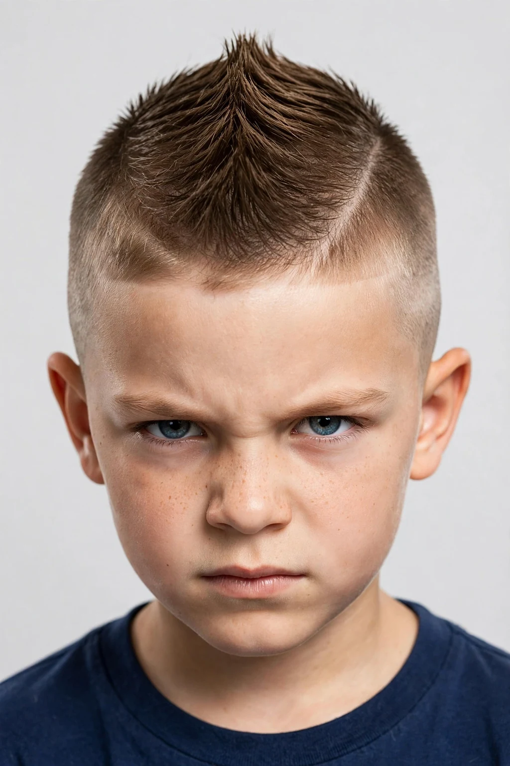 Young boy with short mohawk fade, bold center strip with fade, fierce light.