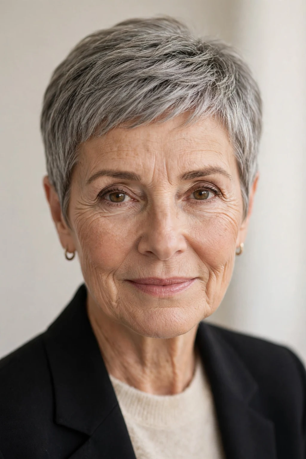 Elegant woman over 60 with short pixie, beautiful neat crop, chic light.