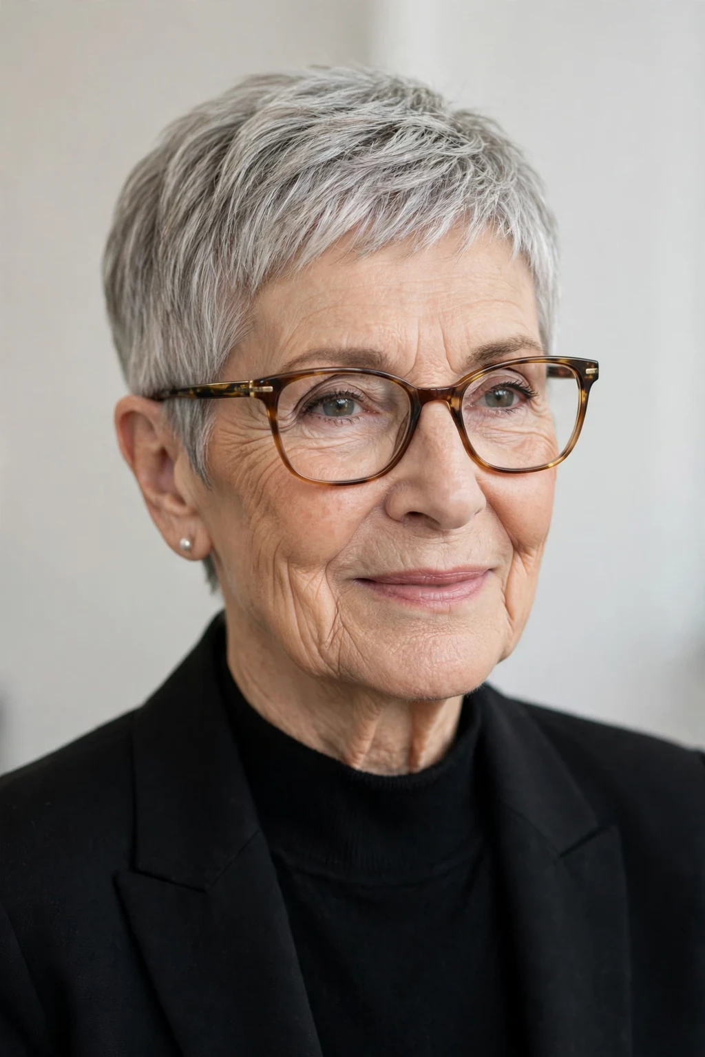 Elegant woman over 70 with glasses and short pixie, beautiful neat crop, chic light.