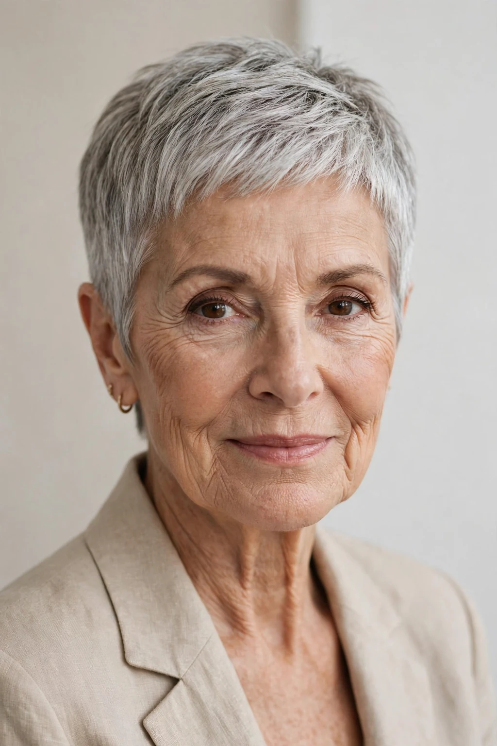 Elegant woman over 70 with short pixie, bold beautiful crop, confident light.