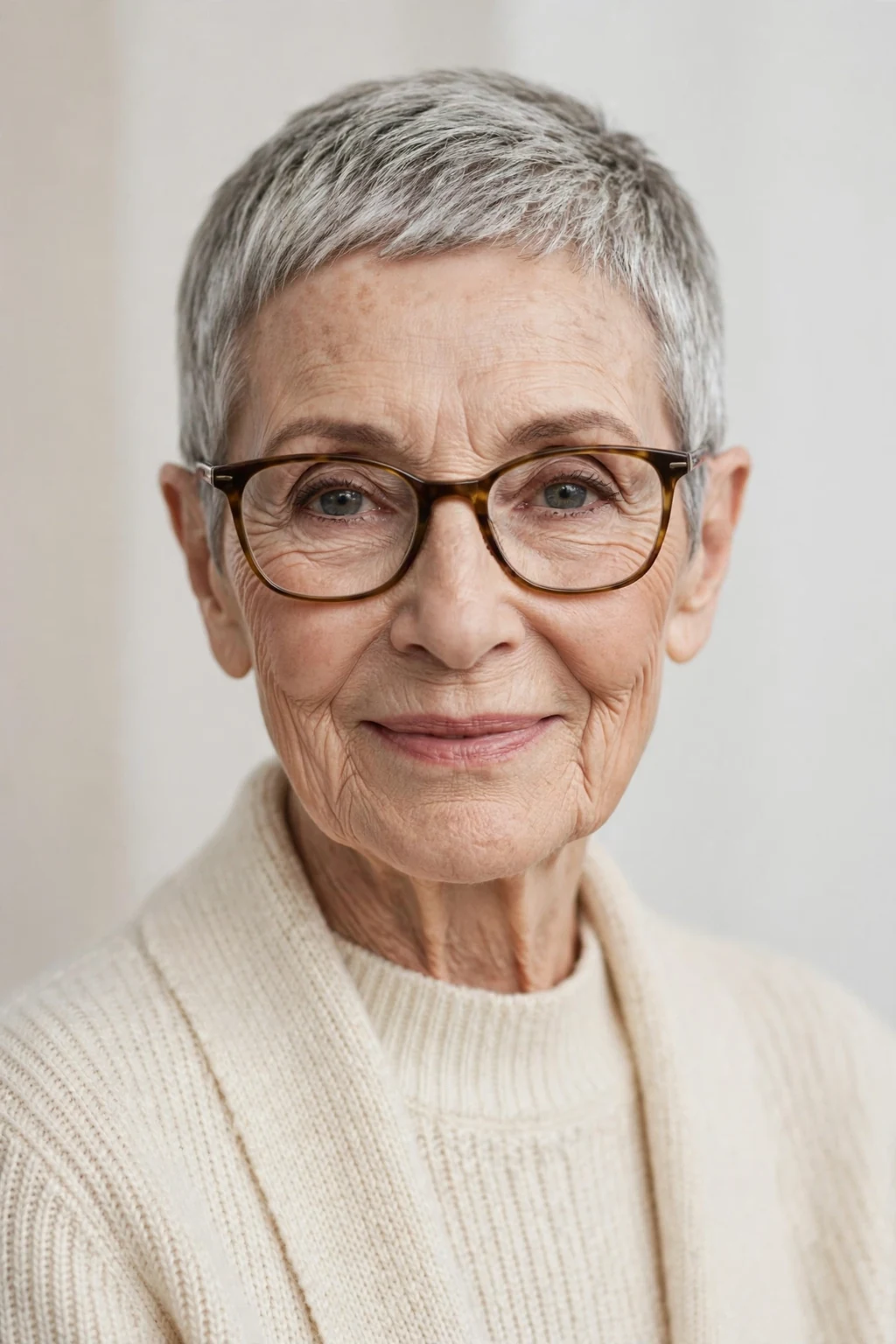 Elegant woman over 80 with glasses and short pixie, beautiful neat crop, chic light.