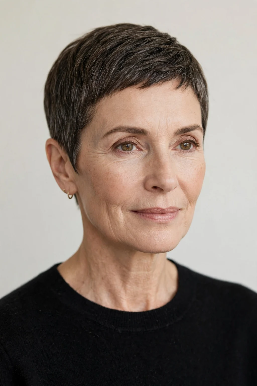 Elegant woman over 50 with short pixie crop, refined minimalist cut, precise light.