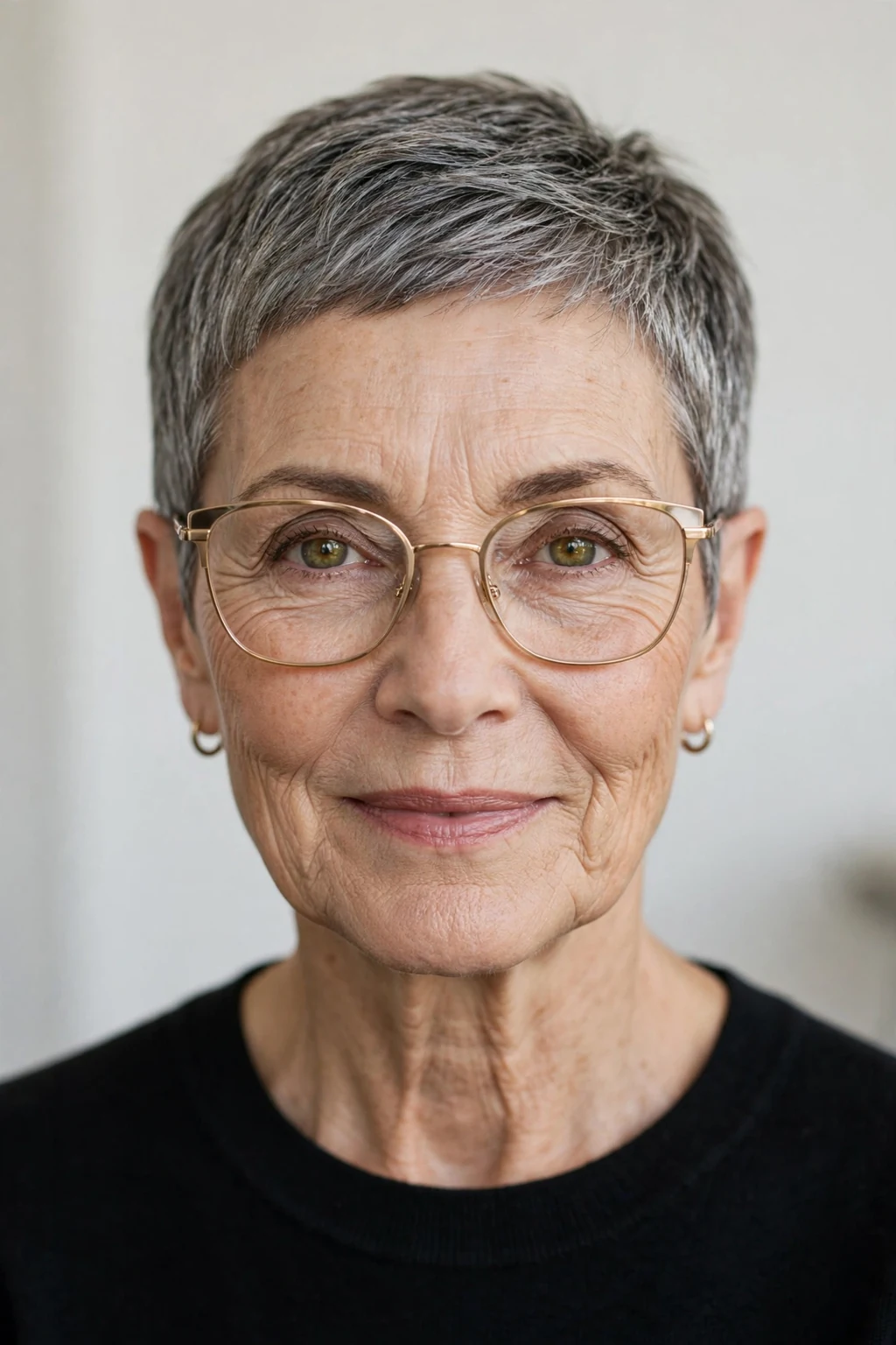 Elegant woman over 60 with glasses and short pixie crop, refined minimalist cut, precise light.