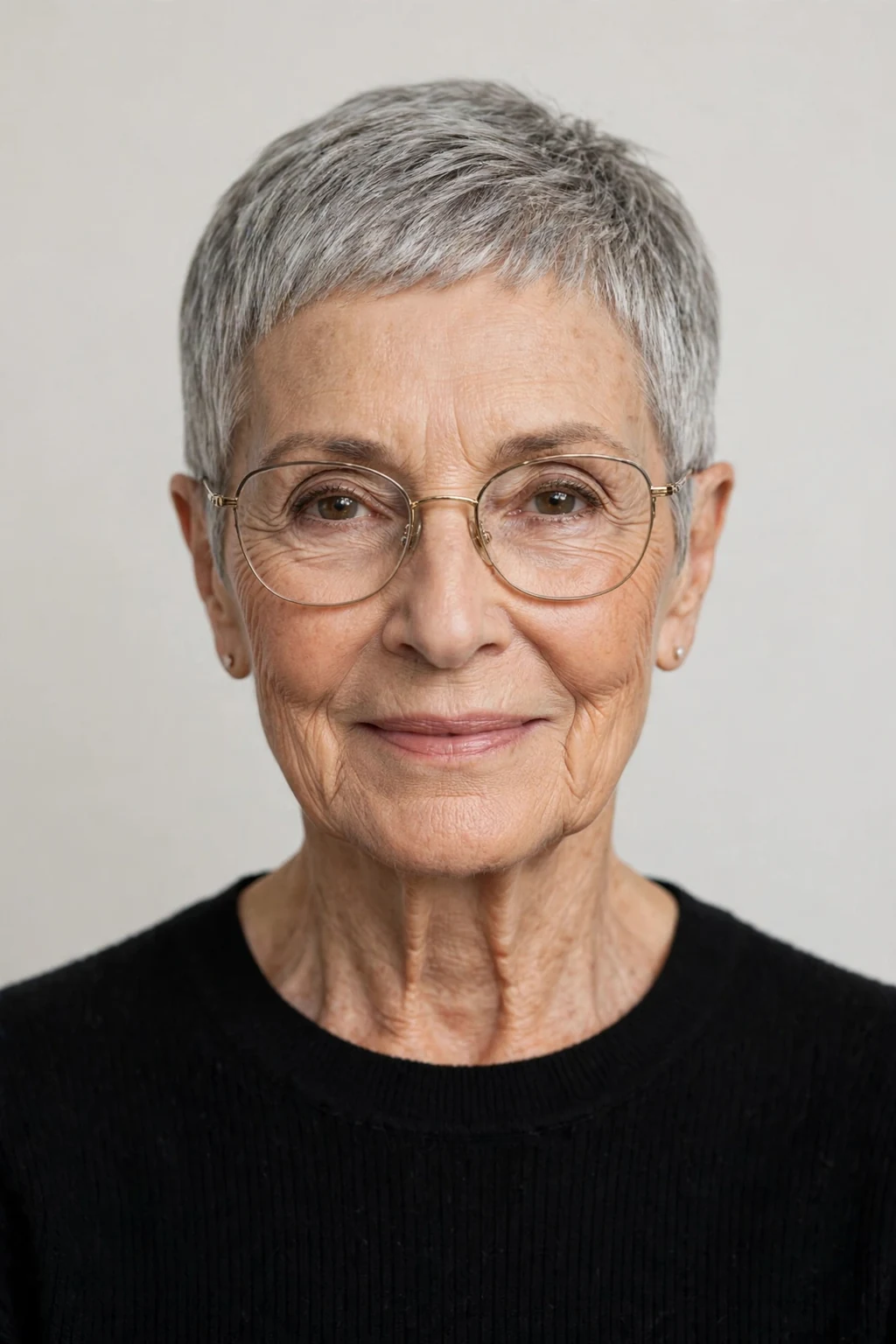 Elegant woman over 70 with glasses and short pixie crop, refined minimalist cut, precise light.