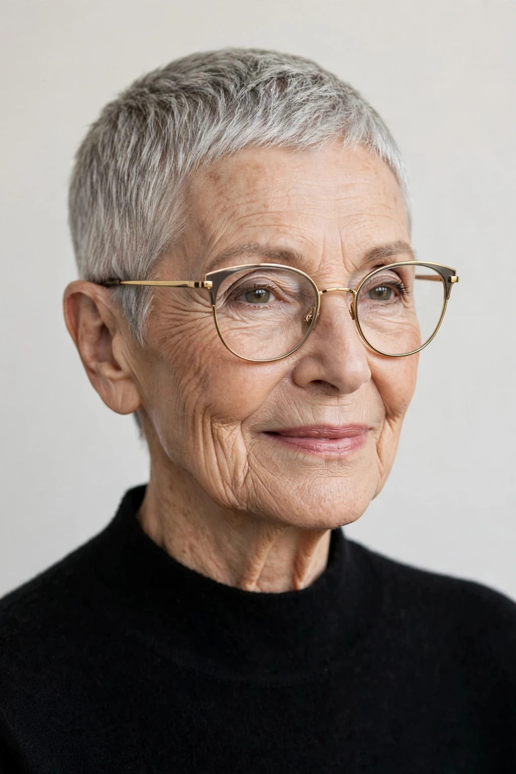 Elegant woman over 80 with glasses and short pixie crop, refined minimalist cut, precise light.