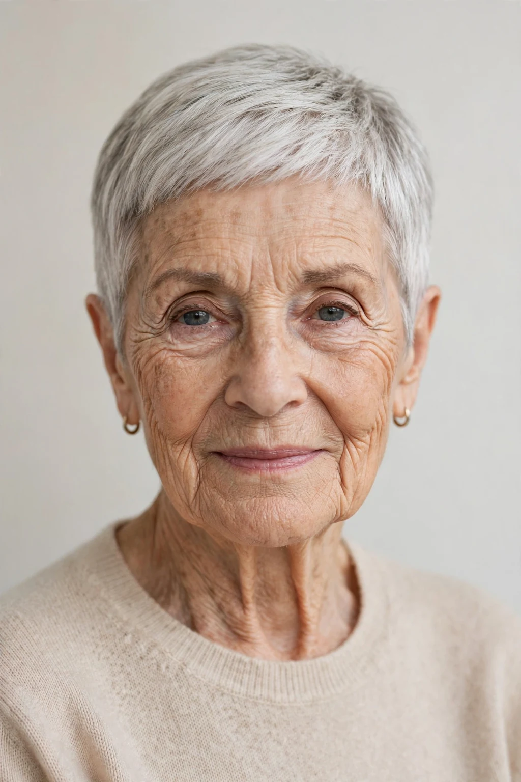 Elegant woman over 80 with short pixie crop, refined minimalist cut, precise light.