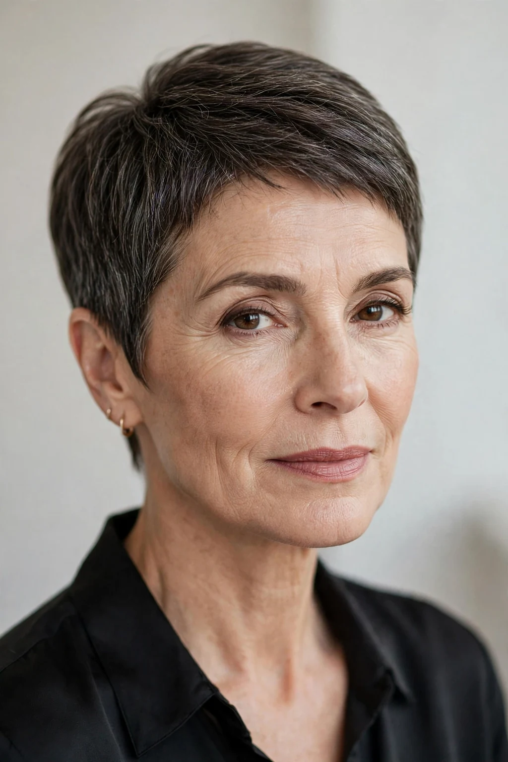 Elegant woman over 50 with short pixie, beautiful neat crop, chic light.